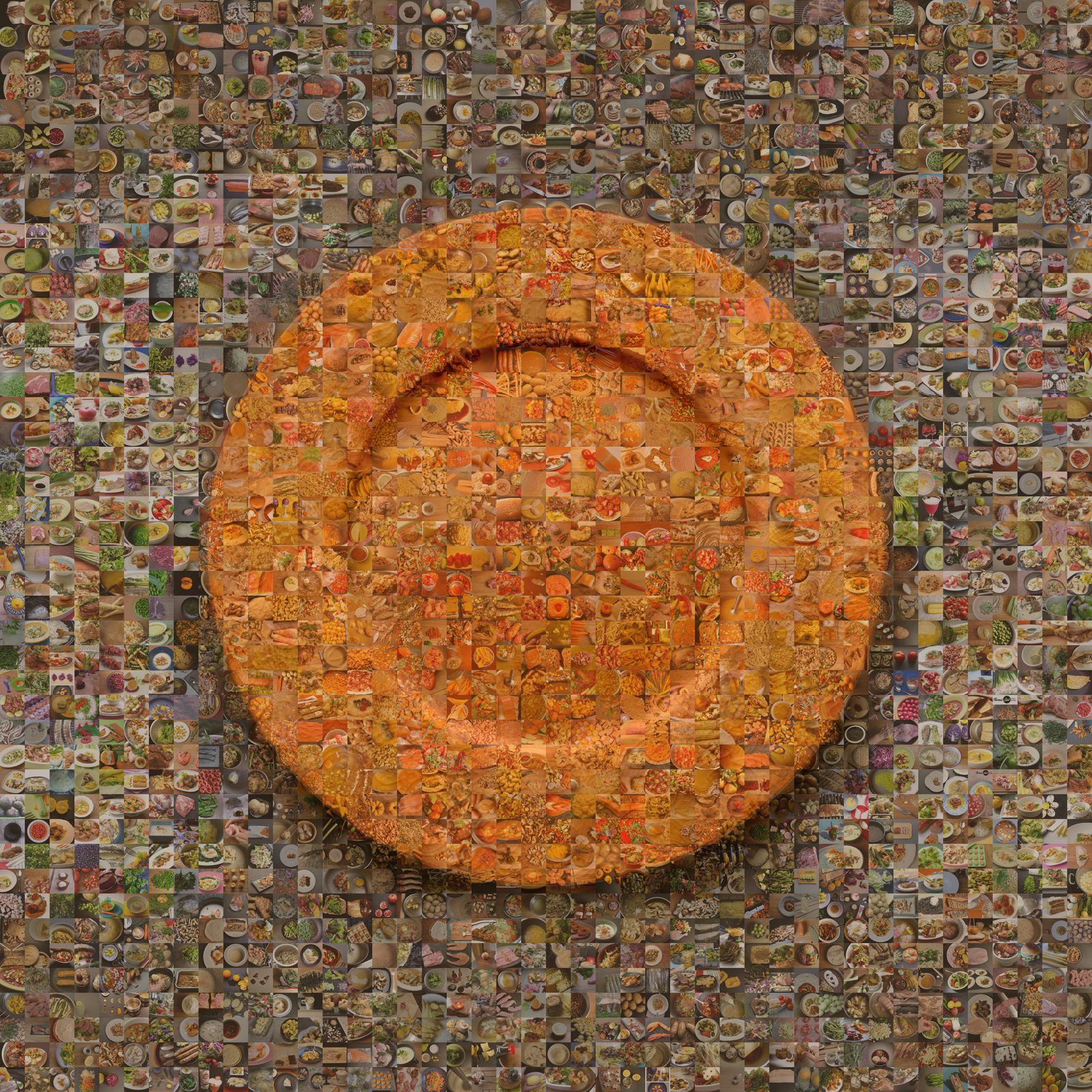 EMPTY PLATES (Orange): oranger flacher Teller mit Ornamentrand auf braunem Grund, zusammengesetzt aus 1.936 kleinen Food-Fotos