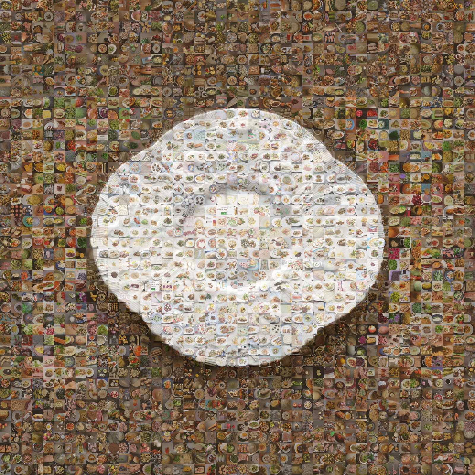 EMPTY PLATES (White): weißer Teller mit geschwungenem Relief auf braunem Grund, zusammengesetzt aus 1.936 kleinen Food-Fotos