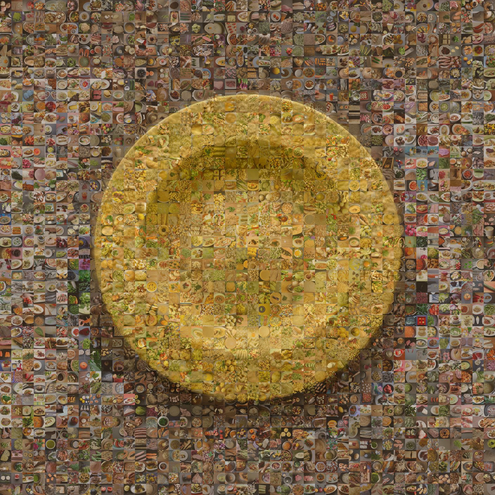 EMPTY PLATES (Yellow): gelber tiefer Teller mit Blütenrelief am Rand auf braunem Grund, zusammengesetzt aus 1.936 kleinen Food-Fotos